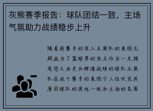 灰熊赛季报告：球队团结一致，主场气氛助力战绩稳步上升